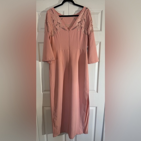 JS Collections Embellished Boat Neck 3/4 Flare Sleeve Solid Stretch Crepe Dress - Picture 7 of 7